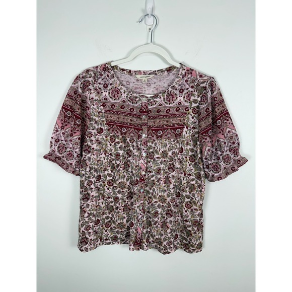 Lucky Brand Tops - Lucky Brand Pink Floral paisley peasant Button Front Short Sleeve Boho Top Small
